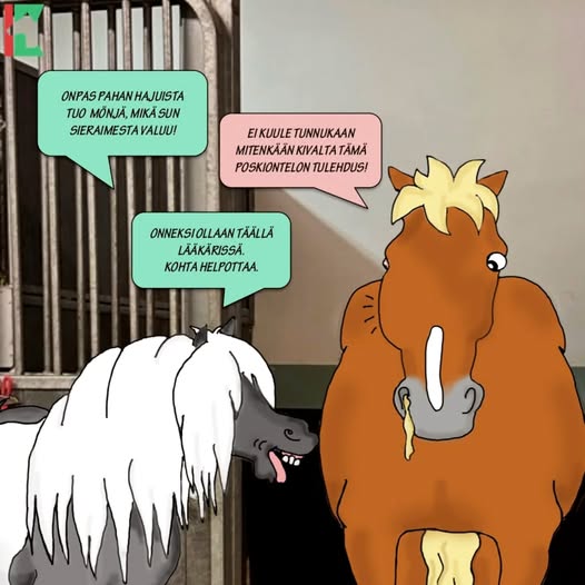 Sarjakuva, jossa kaksi hevosta keskustelee sieraineritteestä